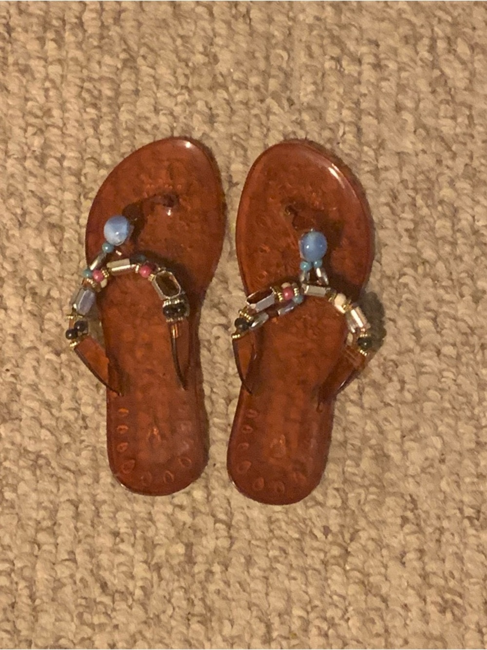 Brown Beaded Jelly Thong Sandals - Women's Casual Summer Sandals